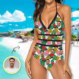 Custom Face Colorful Flower Swimsuit Personalized Women's New Strap One Piece Bathing Suit Holiday Party For Her
