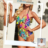 Custom Face Colorful Swirl Women's Backless Bow One Piece Swimsuit
