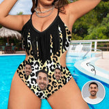 Custom Face Leopard Print Women's Fringe One Piece Swimsuit Personalized Bathing Suit for Her