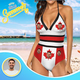 Custom Face Maple Leaf Swimsuit Personalized Women's New Strap One Piece Bathing Suit Celebrate Holiday Party
