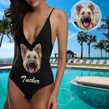 Custom Face&Name Black Women's Lacing Backless One-Piece Swimsuit