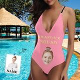 Custom Face&Name Pink Women's Lacing Backless One-Piece Swimsuit