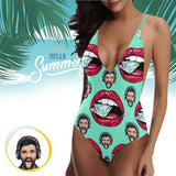 Custom Face Red Lip Women's Lacing Backless One-Piece Swimsuit