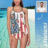 Custom Face Red Stripes Flag Swimsuit Personalized Women's Slip One Piece Bathing Suit Celebrate Holiday