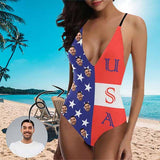 Custom Face Splicing Color Blocks USA Women's Lacing Backless One-Piece Swimsuit