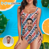 Custom Face Star Flag Swimsuit Personalized Women's New Drawstring Side One-Piece Bathing Suit Celebrate Holiday