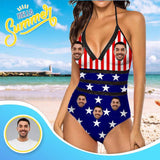 Custom Face Star Flag Swimsuit Personalized Women's New Strap One Piece Bathing Suit Celebrate Holiday