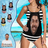 Custom Face Stripe Swimsuit Personalized Womens Tankini Top Sets Bikini Two Piece Bathing Suit