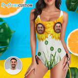 Custom Face Sunflower Swimsuits Personalized Women's New Drawstring Side One Piece Bathing Suit Honeymoon Party For Her