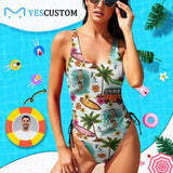 Custom Face Surfing Boy Swimsuits Personalized Women's New Drawstring Side One Piece Bathing Suit Vacation Party Gift