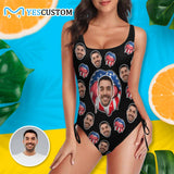 Custom Face Swimsuit Black Flag Tongue Personalized Women's New Drawstring Side One-Piece Bathing Suit Honeymoon Funny Gift