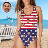 Custom Face US Flag Swimsuits Personalized Women's Tank Top Bathing Swimsuits Funny Gift Idea