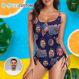 Custom Face USA Flag Swimsuit Personalized Women's New Drawstring Side One-Piece Bathing Suit Celebrate Holiday Party
