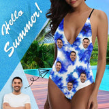 Custom Face White&Blue Swimsuit Personalized Women's Lacing Backless One-Piece Bathing Suit Party For Her