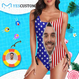 Custom Face zipper Swimsuits Personalized Red Strip Blue Star Women's New Drawstring Side One Piece Bathing Suit