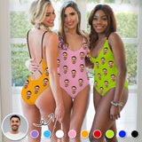 Custom Husband Face Multicolor Women's Lacing Backless One Piece Swimsuit