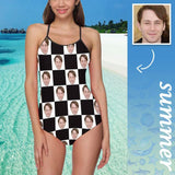 Custom  Husband Face Swimsuit Black&White Grid Personalized Women's Slip One Piece Bathing Suit Gift For Her