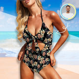 Custom Leaves Flowers Face Swimsuit Personalized Women's Backless Bow One Piece Bathing Suit Summer Holiday