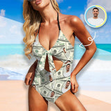 Custom Money Face Swimsuit Personalized Women's Backless Bow One Piece Bathing Suit Birthday Funny Gift