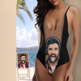 Custom Photo Black Hollow Women's Lacing Backless One-Piece Swimsuit