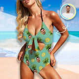 Custom Pineapple Green Face Swimsuit Personalized Women's Backless Bow One Piece Bathing Suit Honeymoons For Her