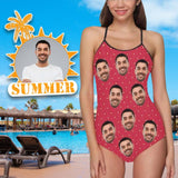 Custom Pink Dot Face Swimsuit Personalized Women's Slip One Piece Bathing Suit Honeymoons Party