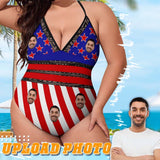 Plus Size Swimsuit-Custom Face American Flag Swimsuits Personalized New Strap One Piece Bathing Suit For Women