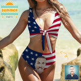 Custom Face Funny Face Flag Bikini Personalized Women's Chest Strap Swimsuit Beach Bathing Suit