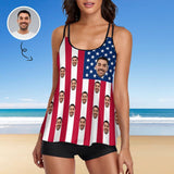 Custom Face American Flag Swimsuit Women's Tankini Personalized Two Piece Bathing Suit For Women