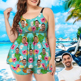 Plus Size Custom Face Pineapple Leaf Swimsuit Chest Pleat Swim Dress Women's 2 Piece Tankini Bathing Suit
