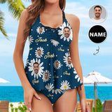 Plus Size Tankini Set Custom Face&Name Daisy Swimsuit Personalized Womens Bathing Suit Chest Drawstring Swim Dress 2 Piece Tankini