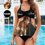 Plus Size Tankini Set Custom Photo&Name Sweet Swimsuit Personalized Womens Bathing Suit Chest Drawstring Swim Dress 2 Piece Tankini