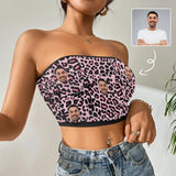 Custom Husband Face Pink Leopard Print Crop Top Personalized Women's Tube Top