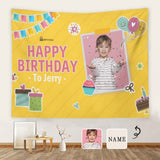 Custom Photo & Name Kid Happy Birthday Polyester Fabric Personalized Wall Tapestry