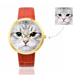 Custom Women's Rose Golden Cat Photo Watch,Red Leather Strap