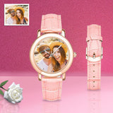 Custom Women's Rose Golden Couple Photo Watch, Pink Leather Strap