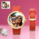 Custom Women's Rose Golden Couple Photo Watch,Red Leather Strap