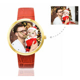 Custom Women's Rose Golden Dad Photo Watch,Red Leather Strap
