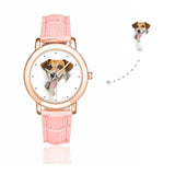 Custom Women's Rose Golden Dog Photo Watch, Pink Leather Strap