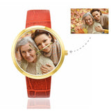 Custom Women's Rose Golden Love Mom Photo Watch,Red Leather Strap