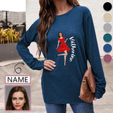 Custom Name & Face Round Neck Long Sleeve T-shirt Multiple Colors Women's Loose Print Tops