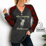 Custom Name V-neck Tops Design Merry Christmas Women's Loose Long Sleeve T-shirt