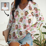 Custom Face Long Sleeves Shirt Women's Personalized Pink White Rose Loose Tops Gift