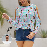 Custom Face Long Sleeves Tops Colorful Geometric Figures Women's Cold Shoulder T-Shirt