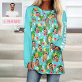 Custom Face & Name Round Neck Long Sleeve T-shirt Women's Design Green Pineapple Shirts