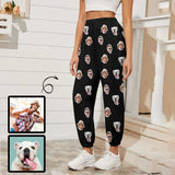 Custom Face Couple Pet Black Background Women's Jogger Casual Trousers Elastic Waist Sports Pants With Pocket