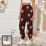 Custom Face Christmas Red Hat Lattice Women's Jogger Casual Trousers Elastic Waist Sports Pants With Pocket