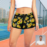 Custom Husband Face Sunflower Black Background Beach Board Shorts Swim Trunks Personalized Women's Casual Yoga Shorts