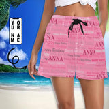 Custom Name Happy Birthday Pink Women's Casual Board Shorts Swim Trunks Create Your Own Shorts for Her