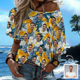Custom Boyfriend Face Pineapple Flower Loose Fit Tee Personalized One Side Off Shoulder Women's Mid Sleeve Straight Neck T-shirt